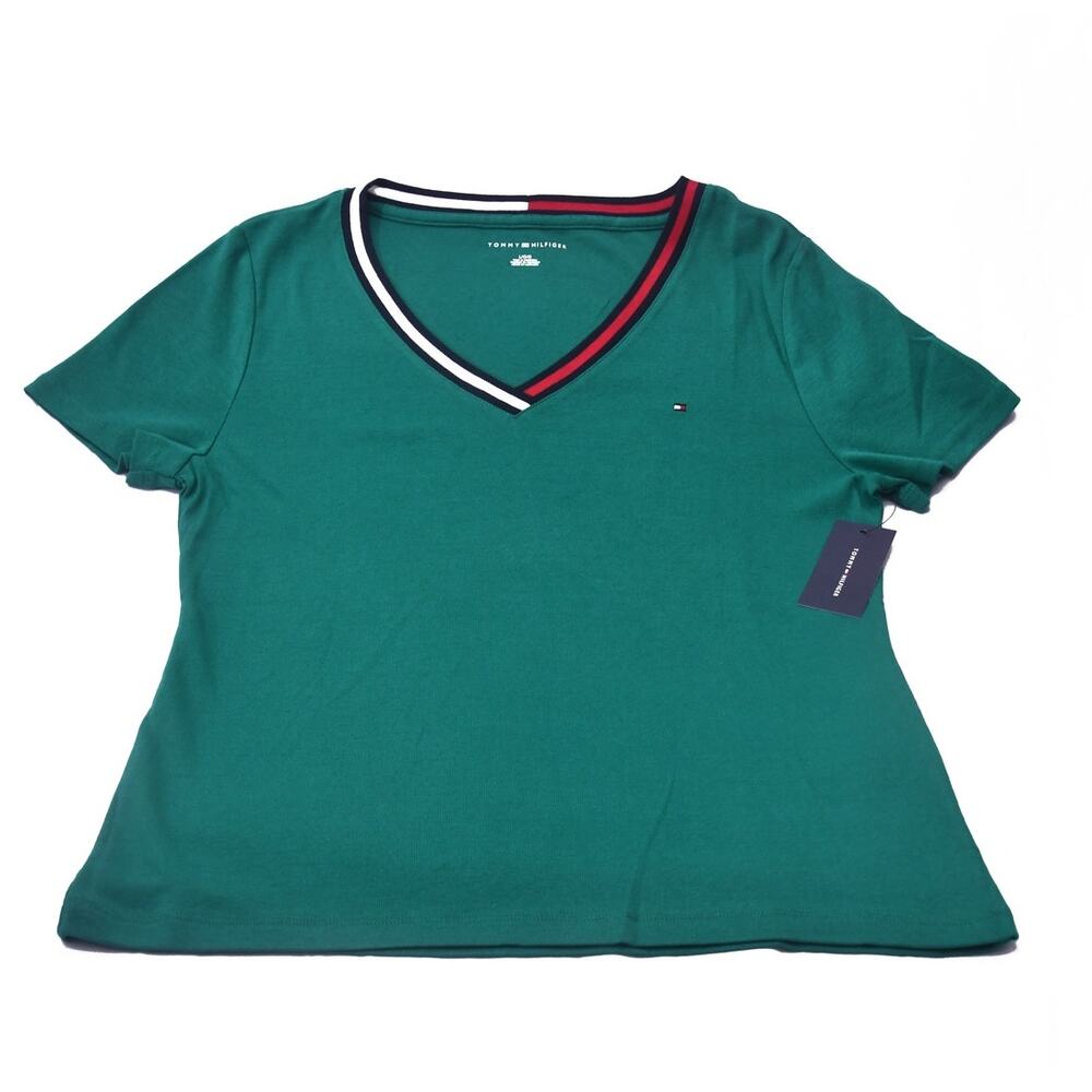Tommy Hilfiger Women’s Large Green V-Neck T-Shirt Flag Logo Stripe NWT